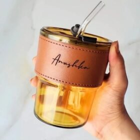Customized Glass Tumbler with Name | Reusable Drinking Glass with Leather Sleeve & Glass Straw